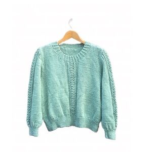 Hand Knit Sweater Green Cable Detailing 21” Pit To Pit Small S Extra Small XS